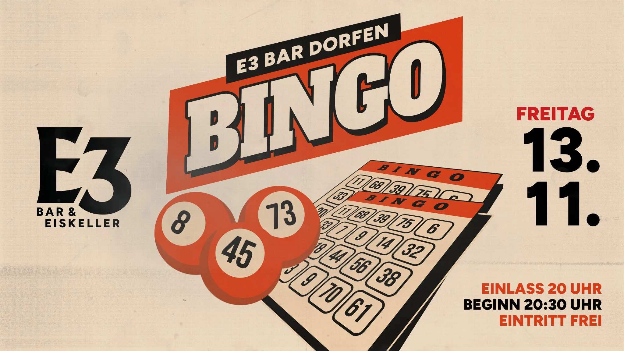 Bingo-Abend in der E3 Bar & Eiskeller in Dorfen am Freitag, 13. November, ab 20:30 Uhr bei freiem Eintritt.
